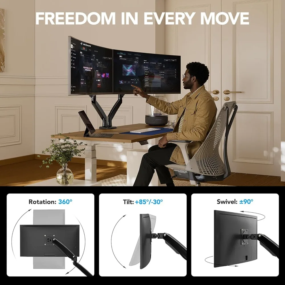 Dual Monitor Stand for 13-40 Inch Screens, Height Adjustable VESA Mount with USB Ports, Holds 26.4lbs per Arm