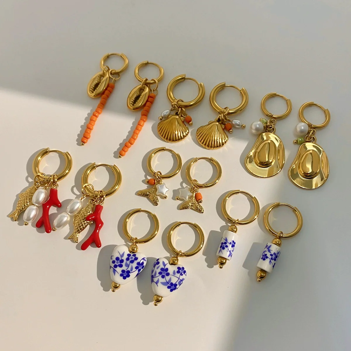 New Retro Waterproof Shell Cowboy Hat Fish Coral Pendant Drop Earrings 18K Gold Plated Anti Allergic Metal Huggie Hoop Earring