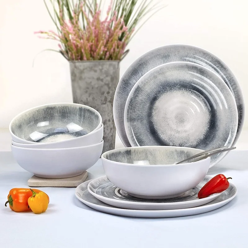 

2023 New Arrival Custom Printed 12pcs Melamine Dinnerware Sets 12 Piece Plates and Bowls Set for Indoor and Outdoor Use