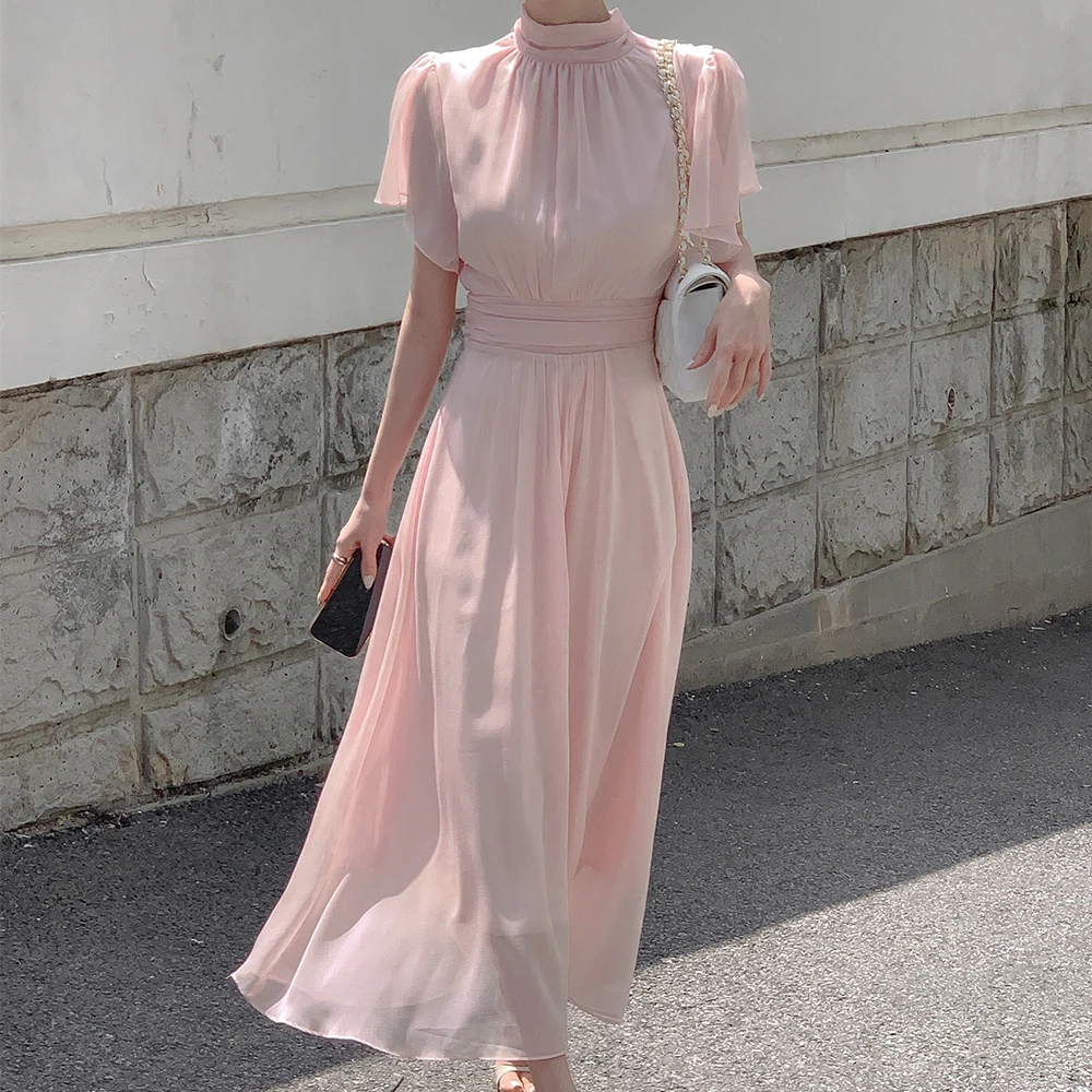 Elegant Solid Midi Dresses for Women Ruffles Half-high Collar A-line Office Lady Casual Korean Fashion Autumn Vestidos Mujer New