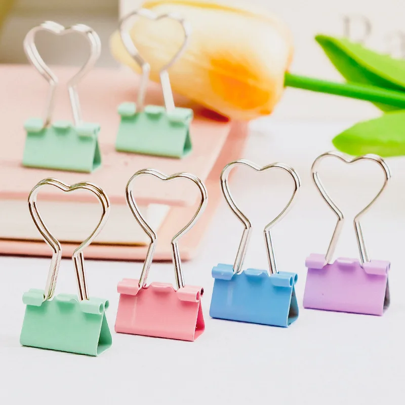 100pcs 하트 핑크 바인더 클립 하트 모양 손잡이 금속 종이 사진 티켓 클립 사무실 학교 및 가정 문구 용품