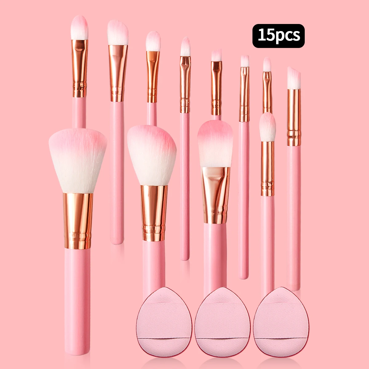 15PCS 메이크업 브러쉬 쿠션 퍼프 세트 핑크 가부키 파운데이션 파우더 컨실..
