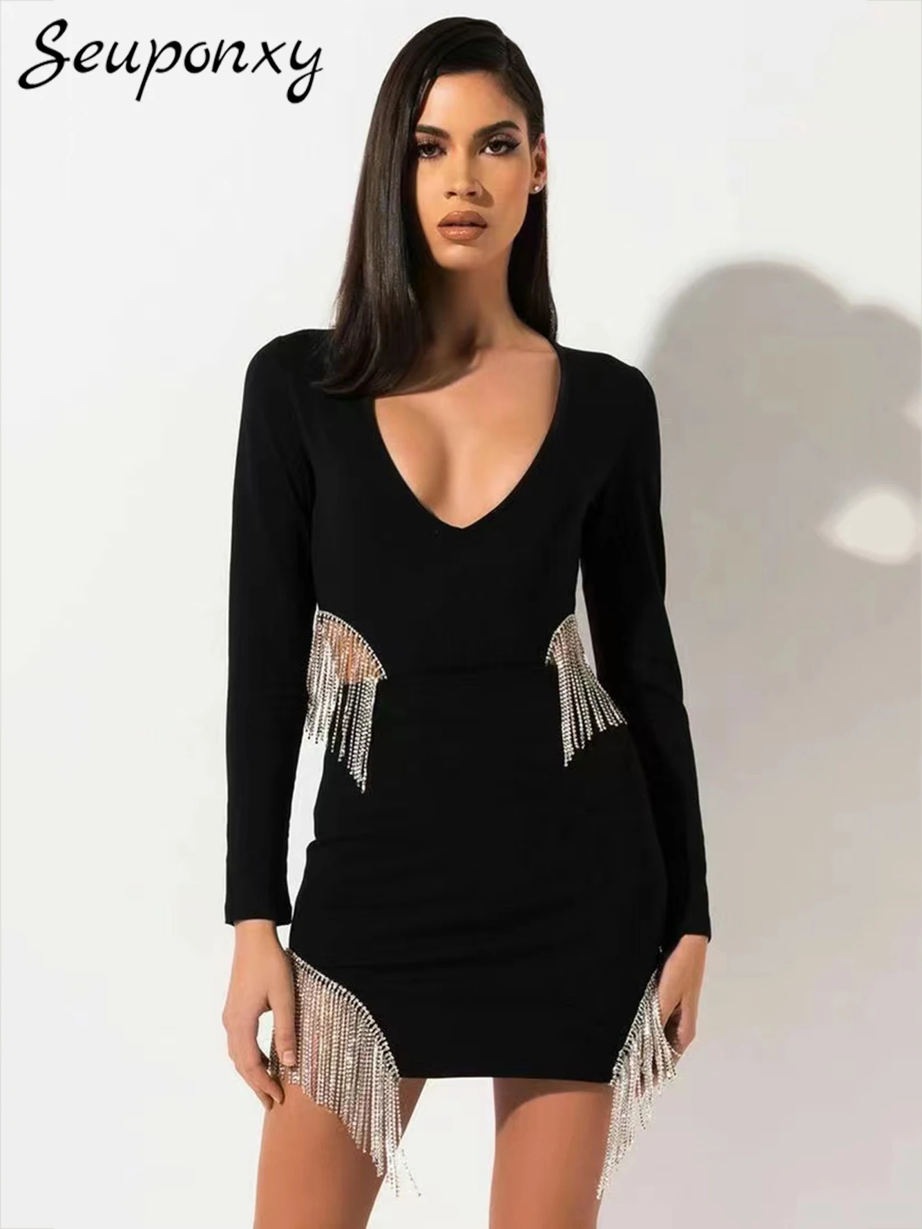 

High Quality Ladies Sexy Hollow Long Sleeve O Neck Diamond Tassel Bandage Dress Black 2022 Elegant Ladies Evening Party Dresses