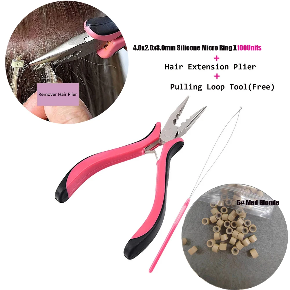 실리콘 마이크로 링크 헤어 링, 실리콘 마이크로 링크 링, 1 유닛 헤어 익스텐션 집게, 1 유닛 루프 풀링 없음, 100 유닛, 4.0X2.0X3.0MM
