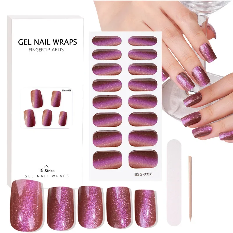 

16 Strips Semi-Cured Gel Nail Sticker Simple Style Nail Gel Strips Long Lasting Fingertip Art Gel Wraps Nail Patch UV Lamp Need