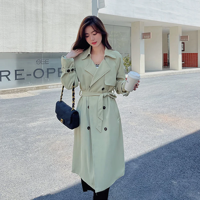 

Spring Autumn New Elegant Mid-Length Women Bean Green Windbreaker With Belt Lapel Double-breasted Long Sleeve Female Trench Coat