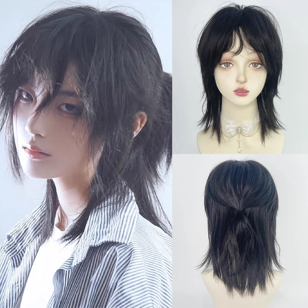 Stylish Short Synthetic Mullet Wig with Bangs for Cosplay and Daily Wear - Black, Gray, Green