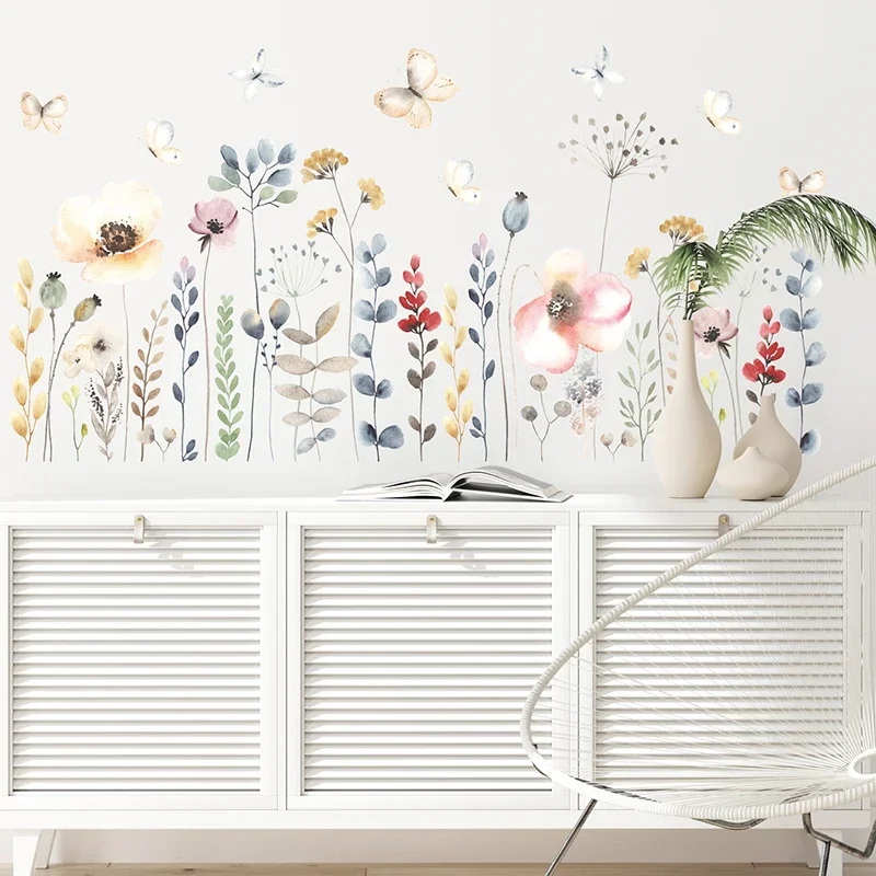 1pc Boho 스타일 수채화 꽃 꽃 벽 스티커 거실 어린이 방 어린이 침실 벽 전사 술 홈 장식
