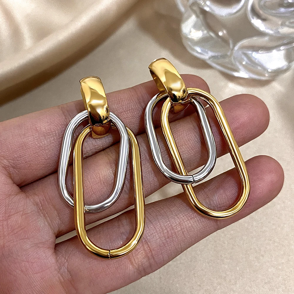 Fashion Stainless Steel Gold Silver Color Drop Earrings for Women Glossy Doublelayer U Shaped Pendant Earrings Jewelry Gifts