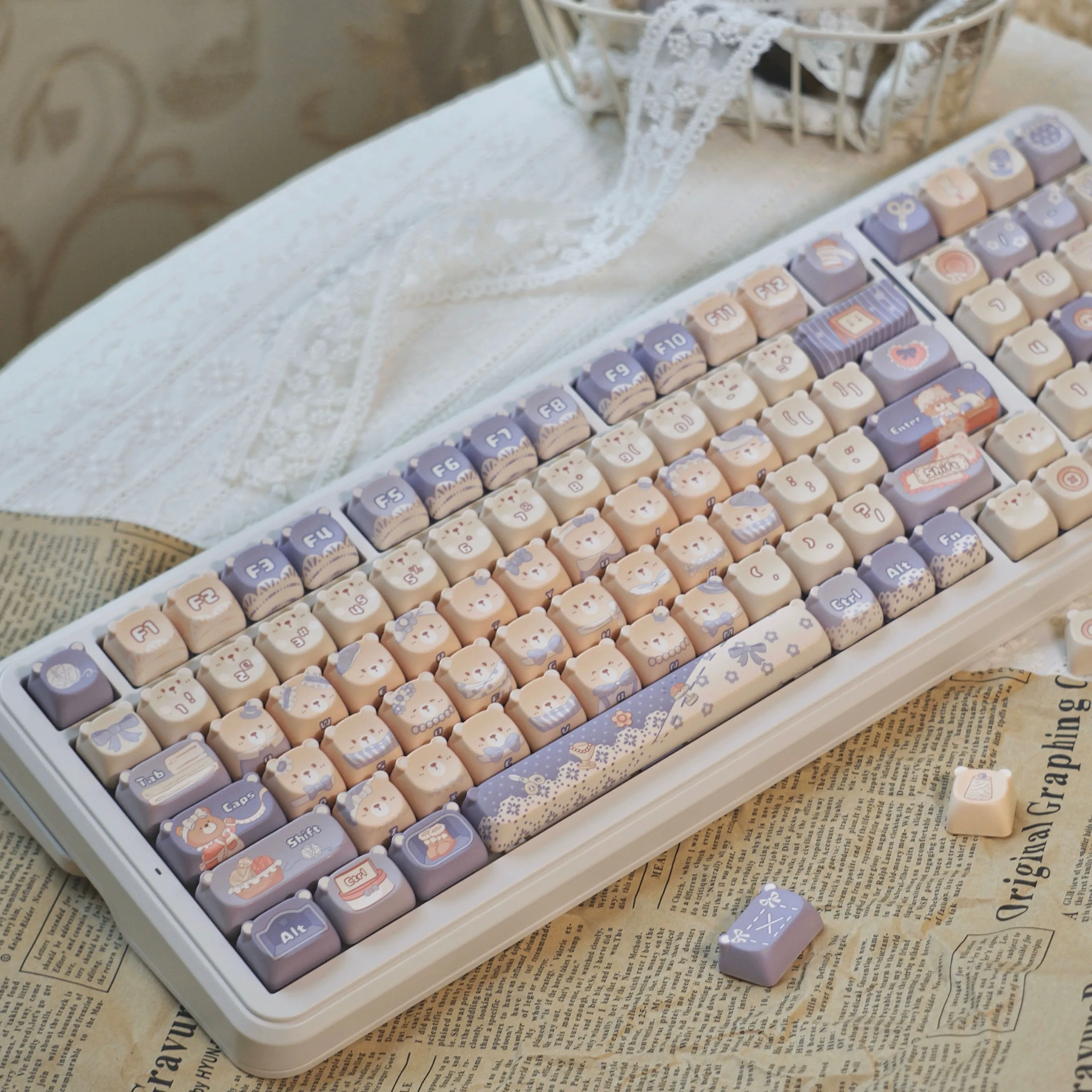 Gato Kawaii Teddy Bear Cabeça Keycap Estilo Lolita Kawaii Teclas Roxas Altura Pbt Teclado Mecânico Faça Você Mesmo 147 Teclas