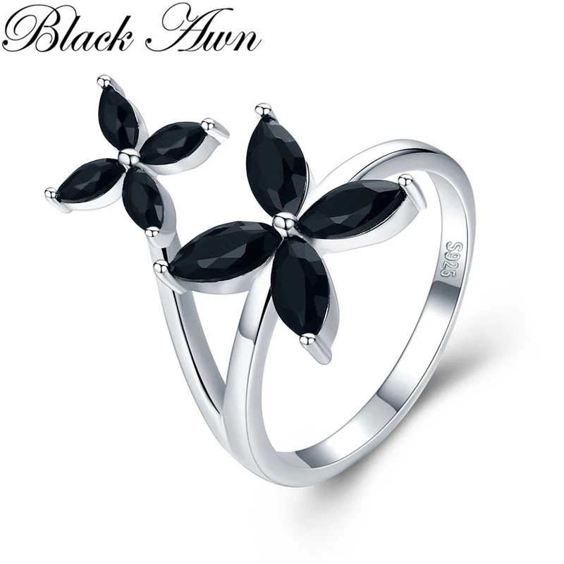 

[BLACK AWN] Silver Color Ring Black Spinel Flower Elegant Wedding Rings for Women Fashion Jewelry G032