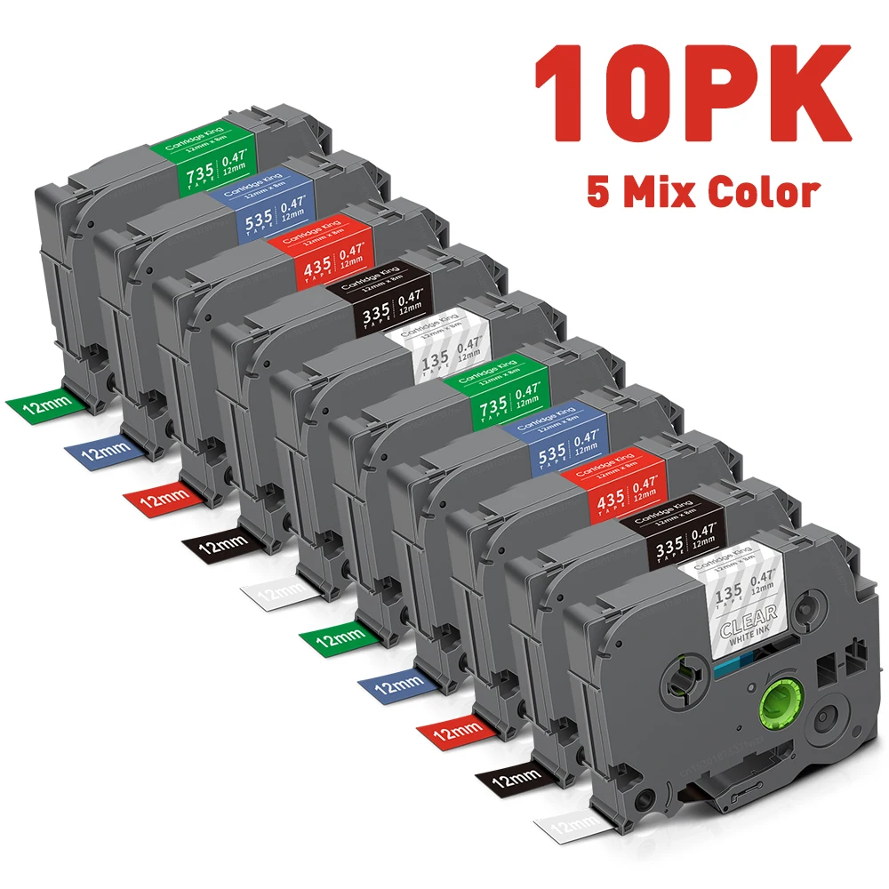 Pack of 10 Black on White Laminated Label Tapes (6/9/12mm)