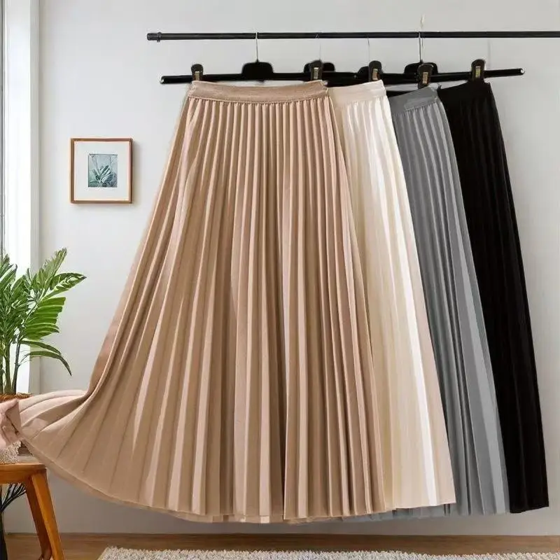 Women Summer Solid Pleated Satin Long Skirt Korean New Fashion Ladies Work Casual Elastic High Waist A Line Party Loose Skirts 1