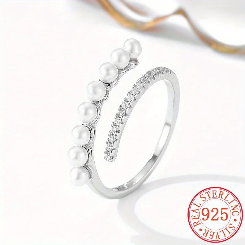 

S925 Sterling Silver Ring with Pearl and Diamond, Unique and Elegant Design for Women give girlfriend birthday gifts