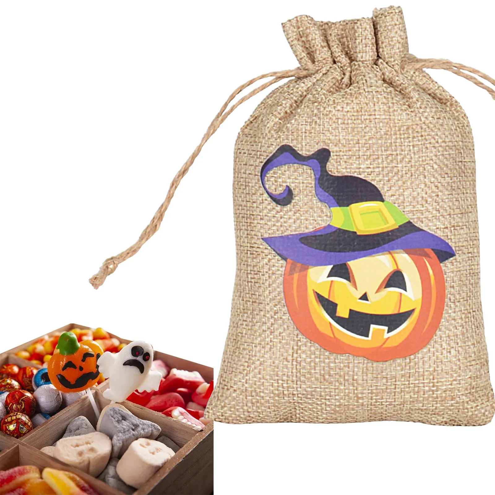 thumbnail image 1 of Bolsas de regalo de arpillera de Halloween, bolsas de golosinas o dulces, pequeñas bolsas de yute de lino de Halloween para fiestas infantiles, banderas en una cuerda y, 1 of 5