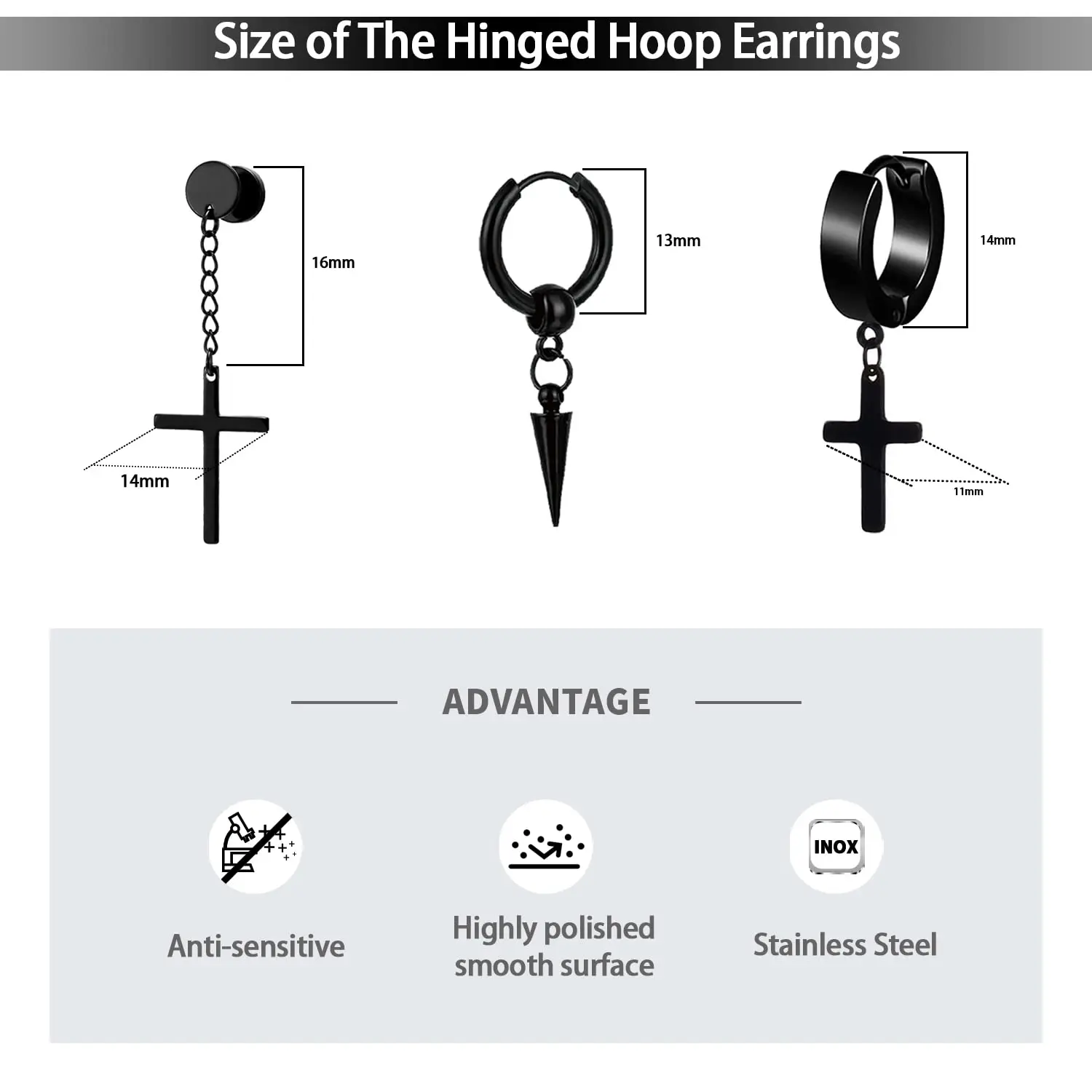 1-16 Pairs Men's Black Earrings and Ear Stud Kit Stainless Steel Fashion Piercing Jewelry Cross Dangle Hoop Earrings Set 6
