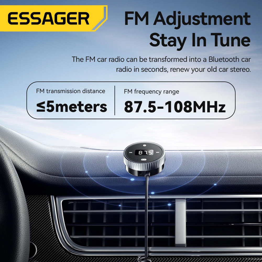 Essager Car Bluetooth 5.3 FM Transmitter Built-in Mic Handsfree LED Display 3.5mm AUX Adapter MP3 Music Player With TF Card Slot