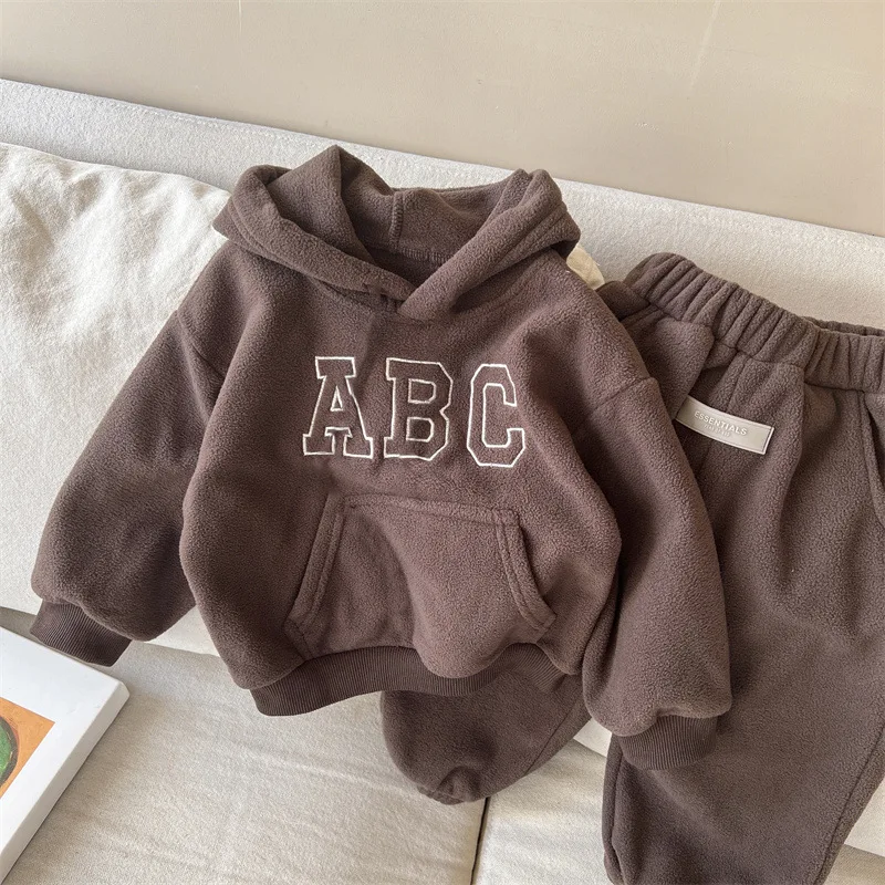 

1-7Y Children's Plush Sweater Winter Boys and Girls' Warm Casual Set Letters Abc Hoodie Top Children's Pullover 2 pieces