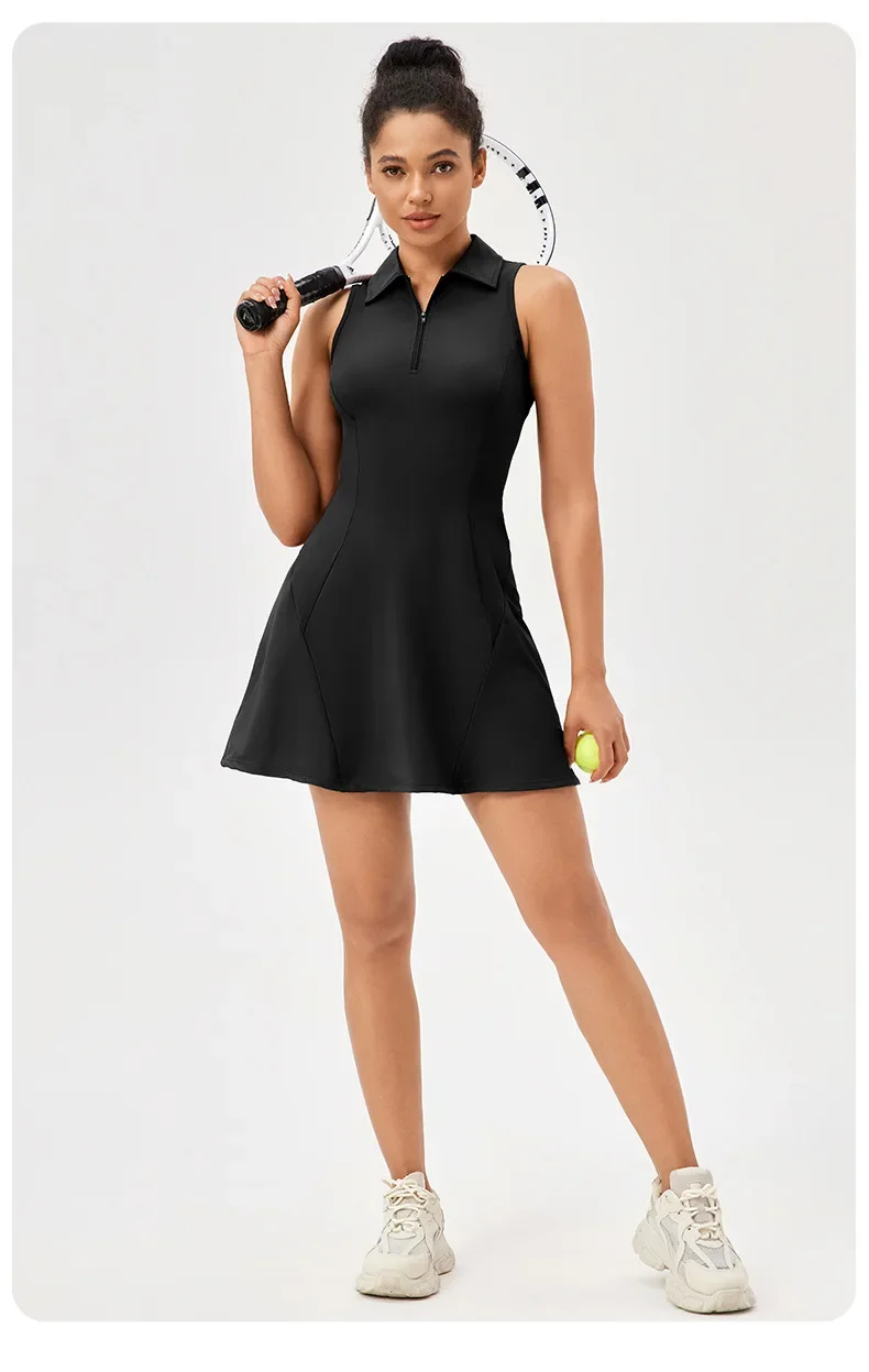 Women Summer Tennis Dress Solid Color Lapel Slim Fit Running Skirt Breathable Golf Dress Yoga Wear Workout Clothes