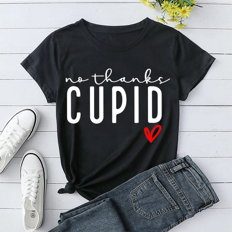 No Thanks Cupid Heart Print Women T Shirt Short Sleeve O Neck Loose Women Tshirt Ladies Tee Shirt Tops Clothes Camisetas Mujer leopard border heart print women t shirt short sleeve o neck loose women tshirt ladies tee shirt tops camisetas mujer