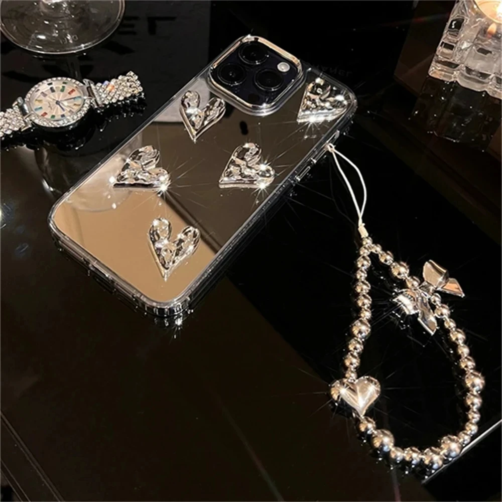 Stylish 3D Love Heart Bracelet Phone Case with Silvery Mirror Finish