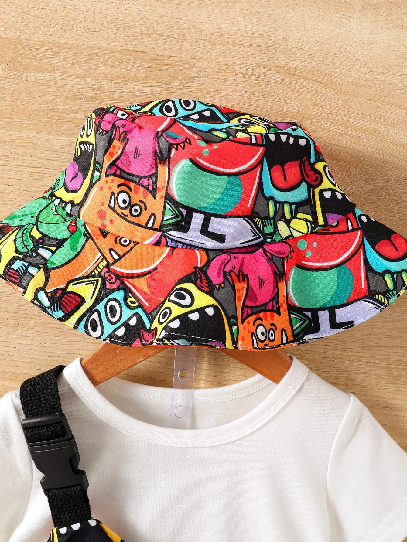 Baby Outfits Baby Boy Outfits Baby Boys Summer Fashion Funny Four-Piece Pure White T-Shirt Top Cartoon Monster Print Straddle Bag Pocket Pants Sunscreen Hat