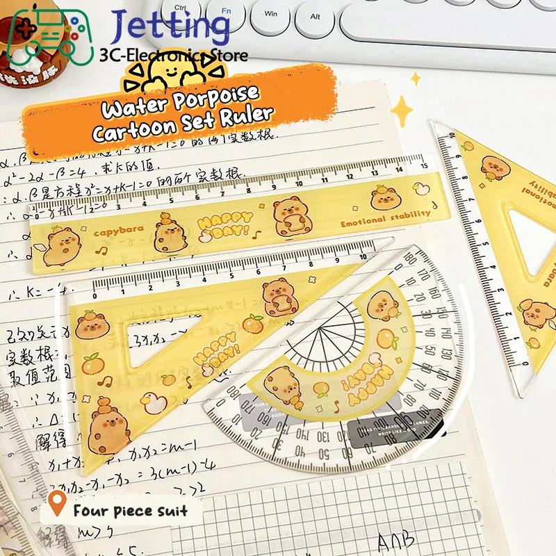 Plastic Capybara Drawing Ruler Measurement Geometry Triangle Ruler Straightedge Protractor variety Rulers 4PCS/Set School Office