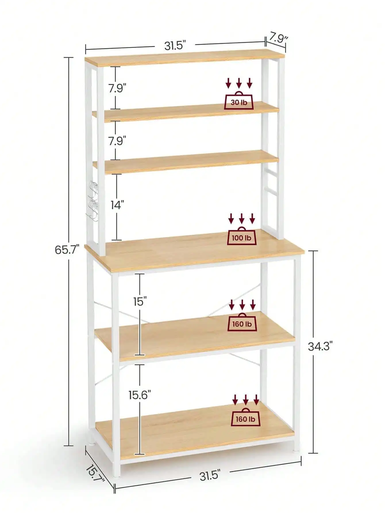 VASAGLE Baker's Rack, Microwave Oven Stand, Kitchen Tall Utility Storage Shelf, 6 Hooks And Metal Frame, Industrial 5