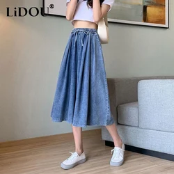 Summer New Solid Color Elastic Waist Drawstring Oversize Cowboy Straight Pants Women Loose Casual High Waist Thin Style Culottes