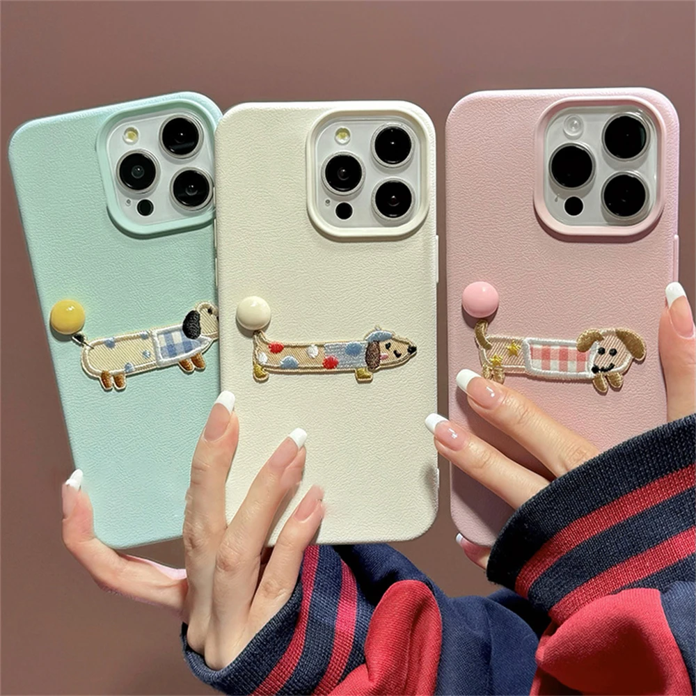Étui en cuir à motif de boule de chiot de dinosaure brodé en 3D coréen mignon pour iPhone 15 Pro Max 14 Pro 13 12 11 couverture souple de dessin animé_voghion.com