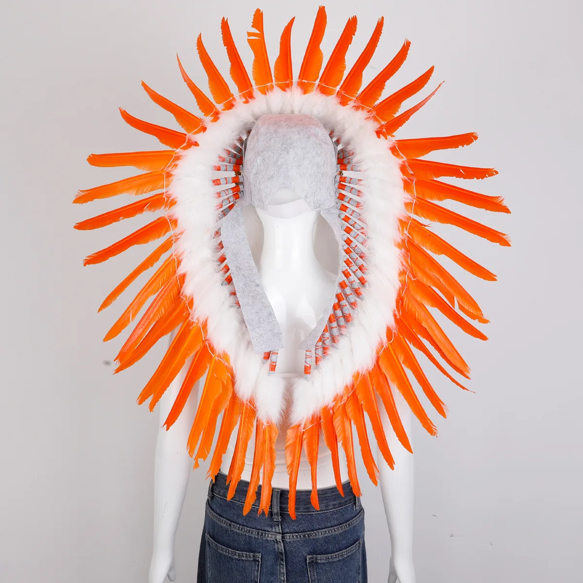 Indischer Kopfschmuck, orangefarbener Feder-Kopfschmuck, Haarschmuck, Kopfschmuck, Halloween, Bühnenaufführung, Fotografie, Laufsteg-Requisiten – Detail 4