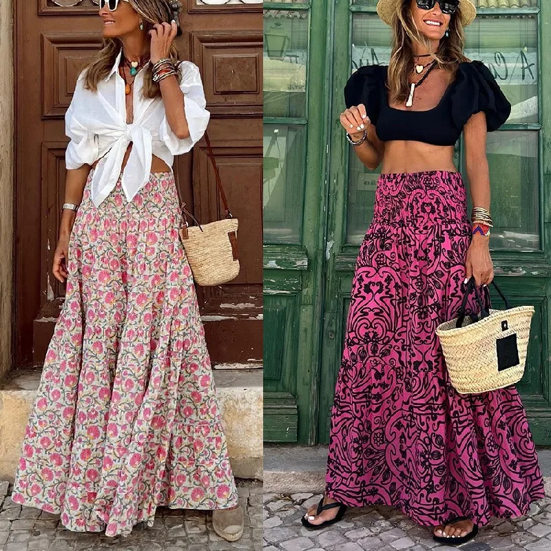 

2023 Summer Fashion Skirt Women's Casual Loose Printed Ankle-Length Skirt Women's Elastic High Waist Holiday Skirt