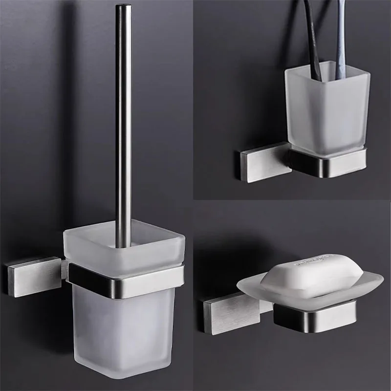 Bathroom Hardware Set SUS 304 Stainless Steel Brushed Toilet Brush Soap Dish Toothbush Cup Tumbler Holder Bathroom Accessories