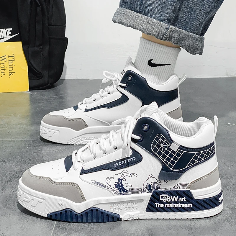 Men's high top casual thick sole shoes breathable four season soft sole outdoor walking shoes flat shoes youth sports board shoe 6