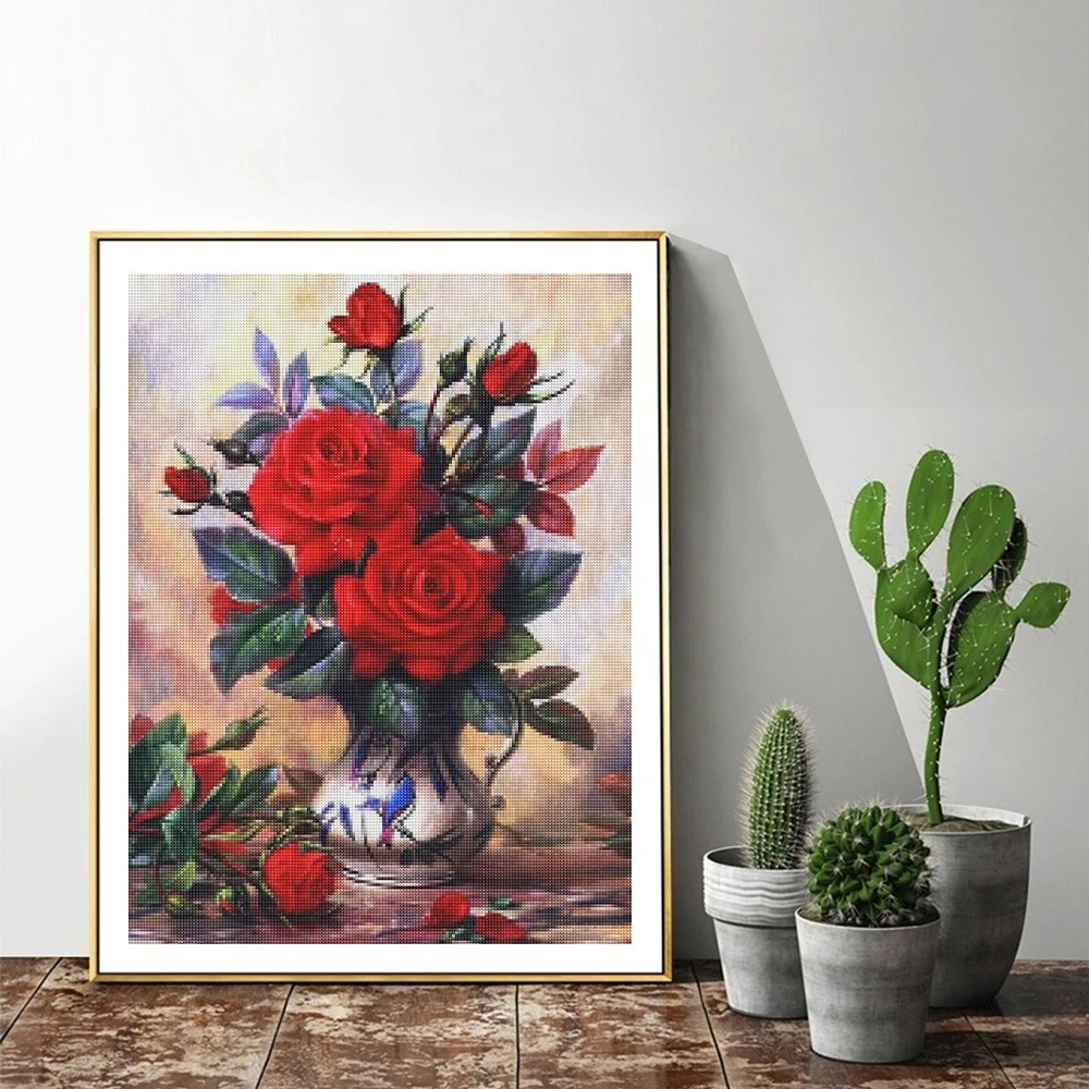 Diamond Painting 5D DIY Diamond Painting Kit Flower Vase Cross Stitch Diamond Art Mosaic Embroidery Rose