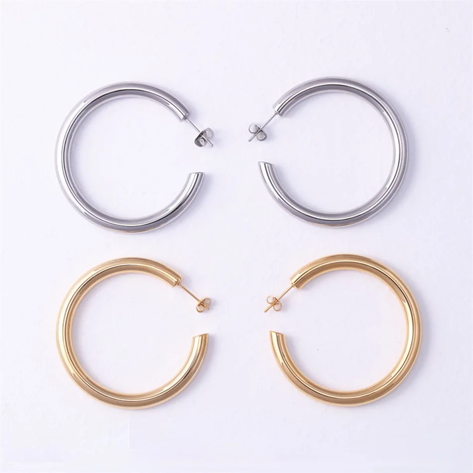 Klassische 18K Vergoldete Edelstahl-Creolen für Damen, 4mm Breite, Klobige Runde Ohrringe, Schmuckgeschenk – Detail 16