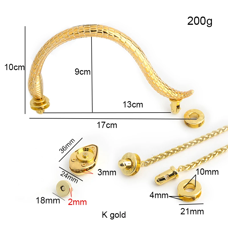 1Set K Gold Tote Bags Snake Handle Locks Handbags Purse Shoulder Replacement DIY Chain Clasps Buckles Hardware Accessories