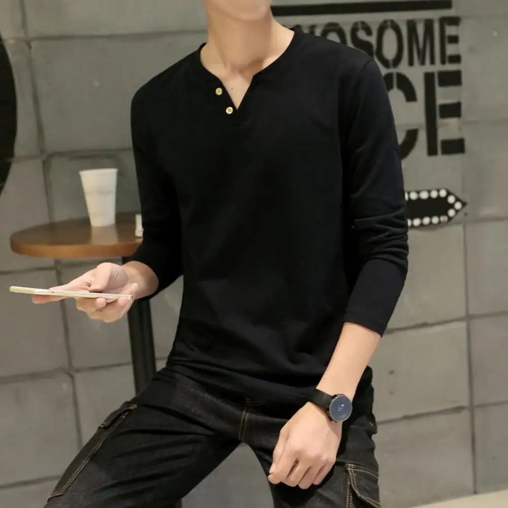 

Men Spring Fall Top V Neck Loose Long Sleeve Top Pullover Mid Length Casual Breathable Men T-shirt Male Daily Clothes