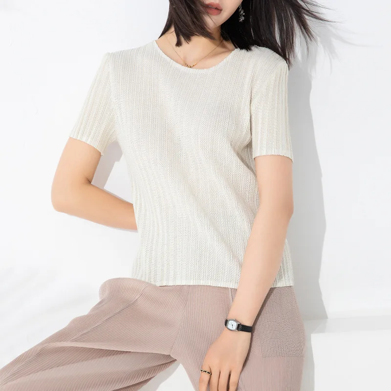 

Miyake Short-Sleeved T-shirt for Women 2023 Summer New Solid Color Hollow Mesh Peplum Top All-Matching Simple Bottoming Shirt