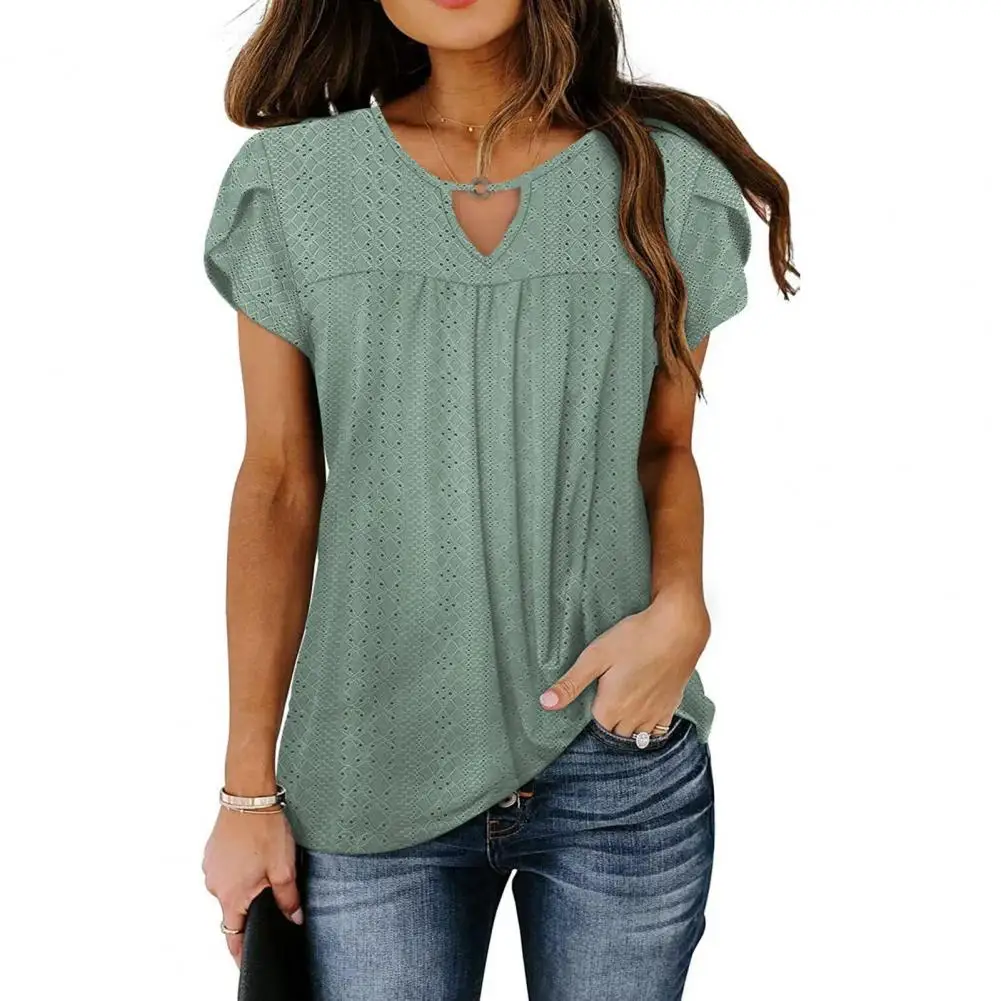 

Elegant Women Summer Blouse Top Flower Print Solid Color Hollow Out Short Sleeves Ruffle O Neck Ladies T-shirt Female Clothes