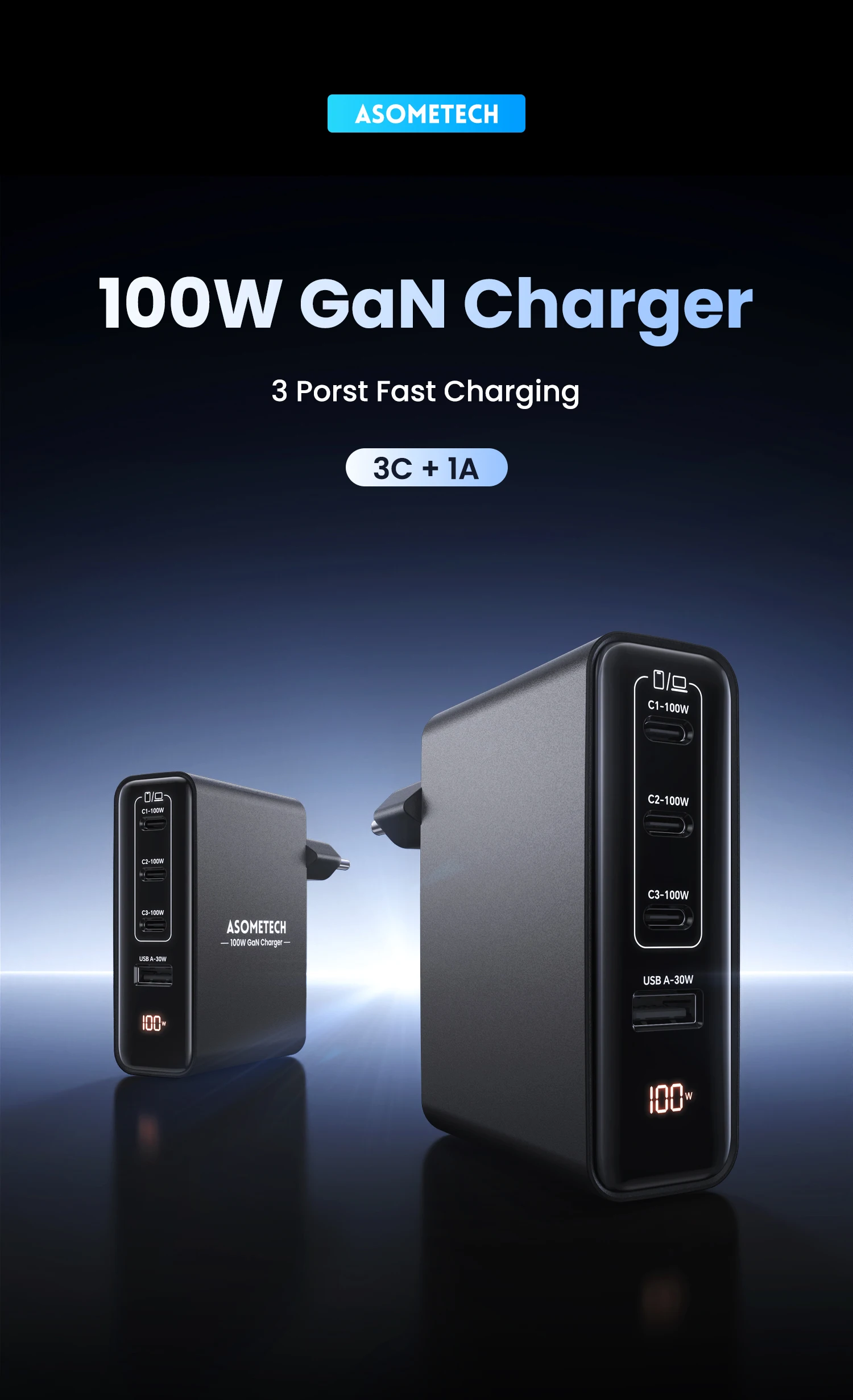 100W Gan Charger 4 Port USB Type C PD3.0 PPS Quick Charge For Macbook Pro Laptop USB Fast Charger For iPhone 17 Xiaomi Tablet