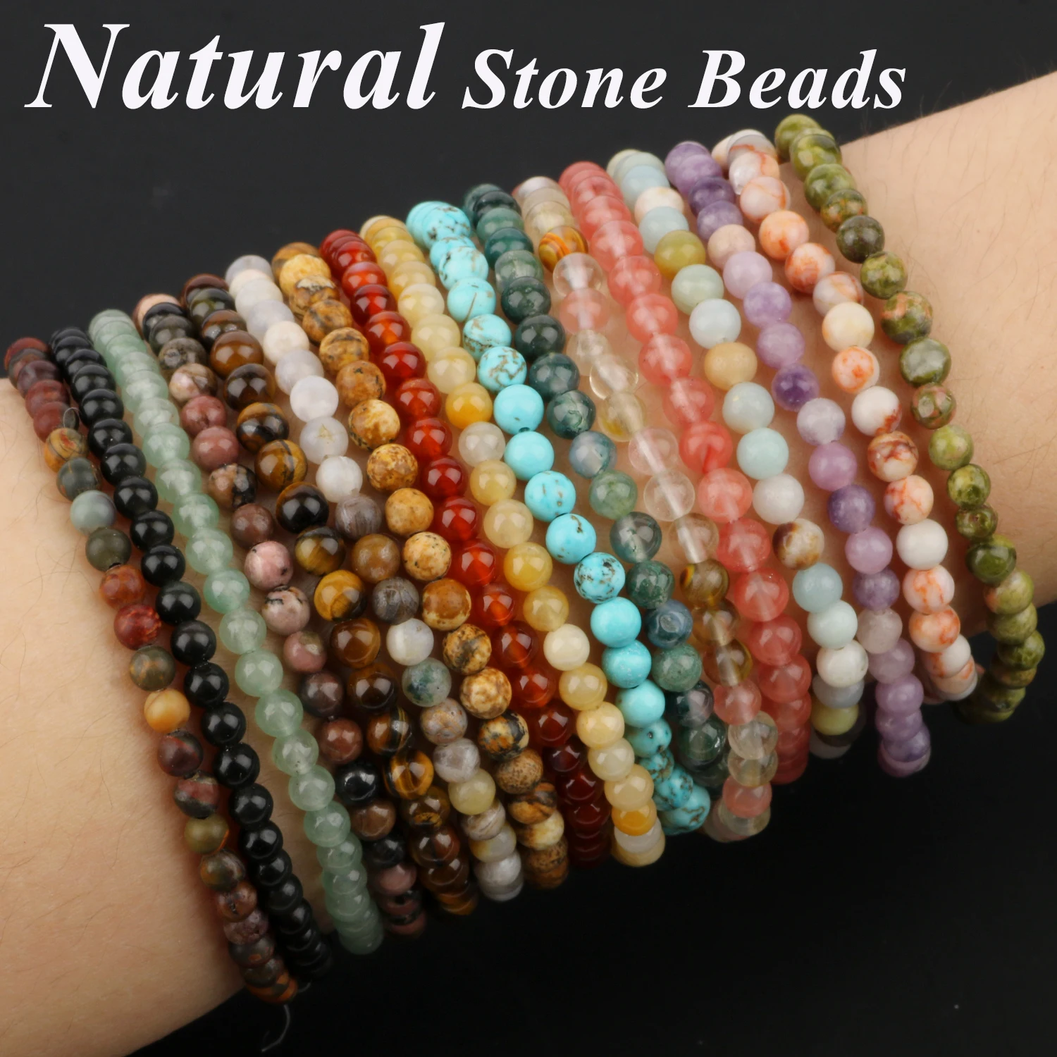 Bracciale Elasticizzato Con Pietre Naturali 4mm E Perline Oro 18K – Gioiello Artigianale In Pietre Dure (Ametista, Quarzo Rosa, Turchese...)