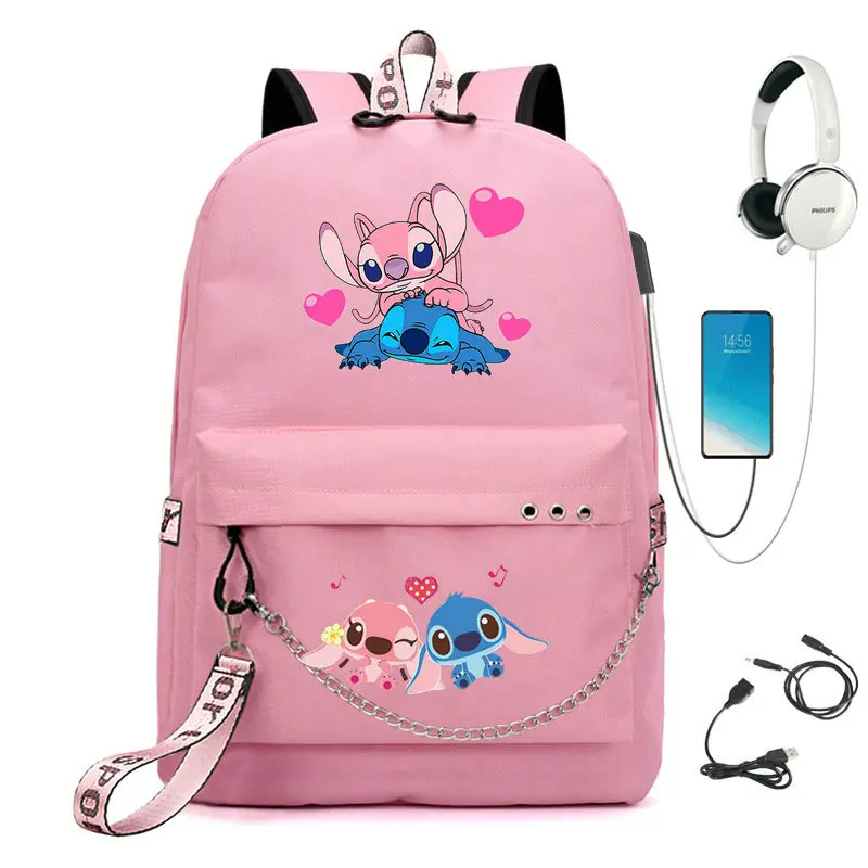 Lilo And Stitch Laptop Backpack Teenage Girls Multi-Pockets Travel Shoulder Bagpack Women USB Charging Waterproof Schoolbag Sac