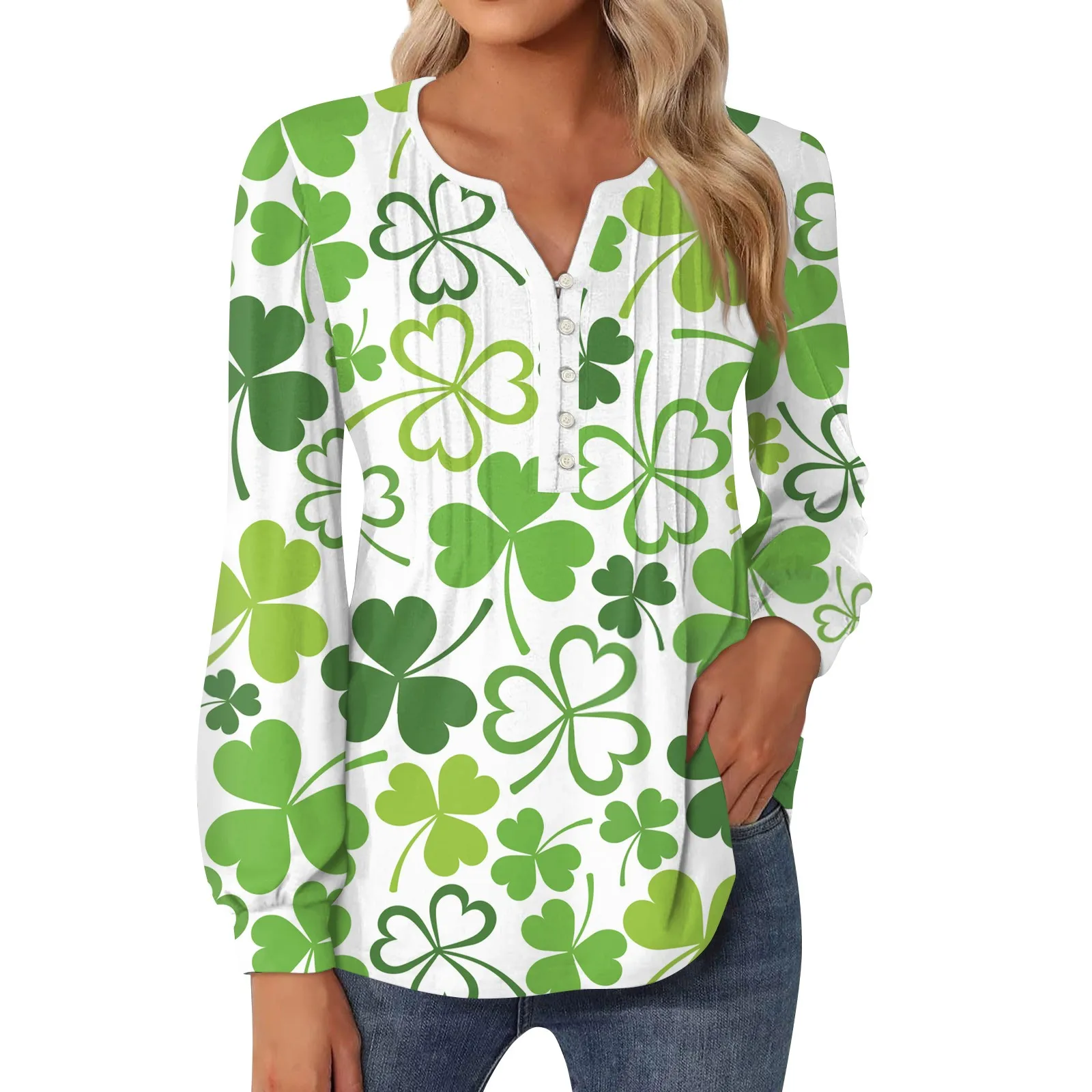 

Women's Top Saint Patrick'S Day Printed Round Neck Neckline Closure Chic Long Sleeved Pleated Button Up Shirt Comfortable