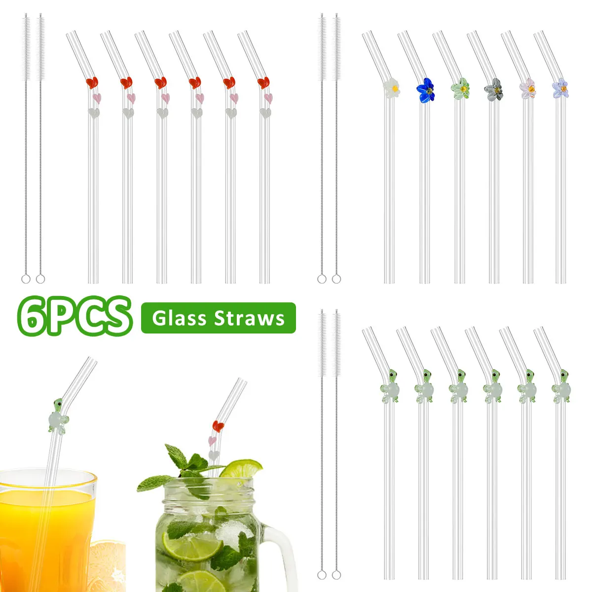 6Pcs Drinking Straws Reusable Glass Straws With Butterfly Heat-Resistant Smoothie For Smoothies Tea Juice Milkshakes