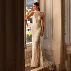 Luxury Simple Mermaid Wedding Dress For Women High Neck Sexy Backless Appliques Beading Bridal Gown Court Train Vestido de Novia