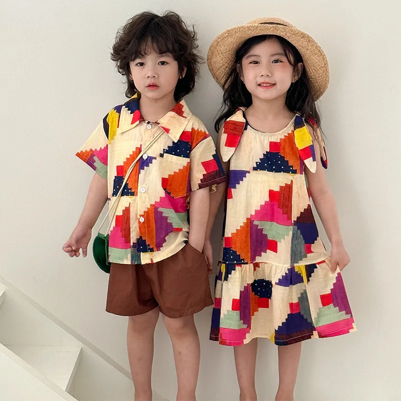 Kids Summer Outfit Boys Lapel Shirt Shorts Girls Colorful Dress