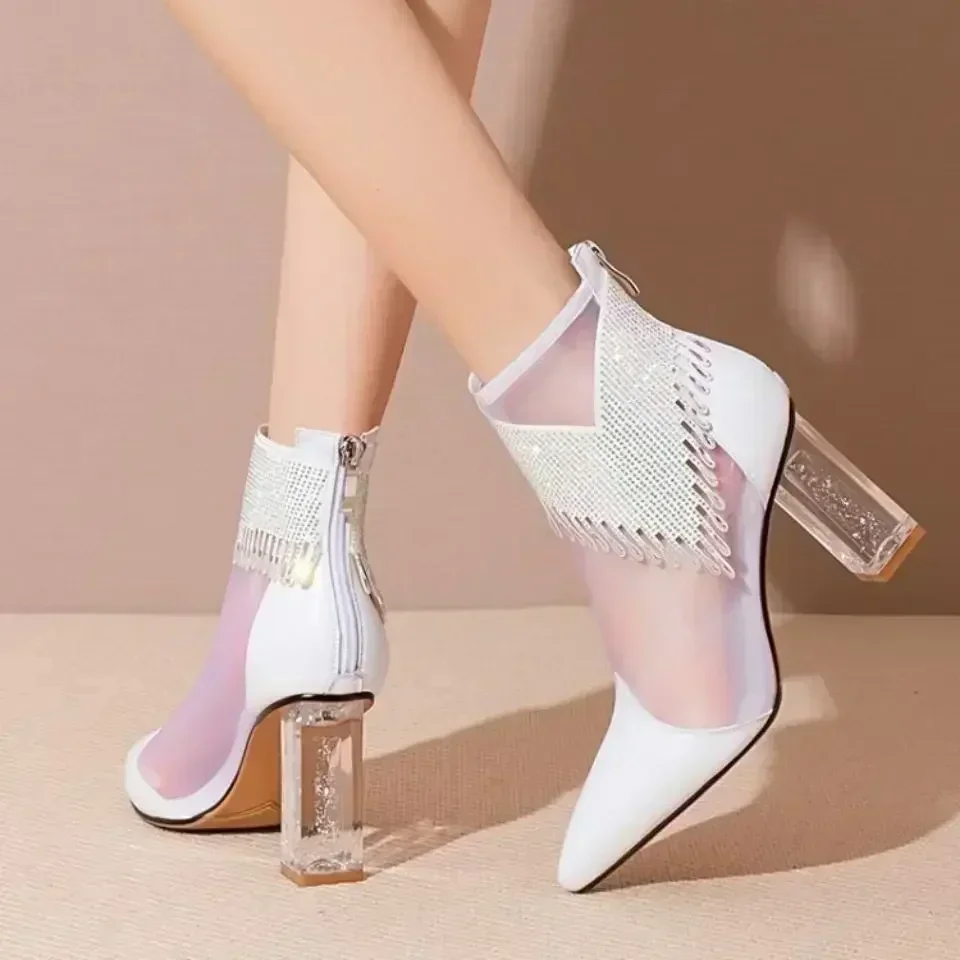 Rubber Soled Dance Boots Women 2025 Spring Pointy Rhine-diamond Tassel High Heel Mesh Latin Jazz Modern Dance Shoes Stage Show 5