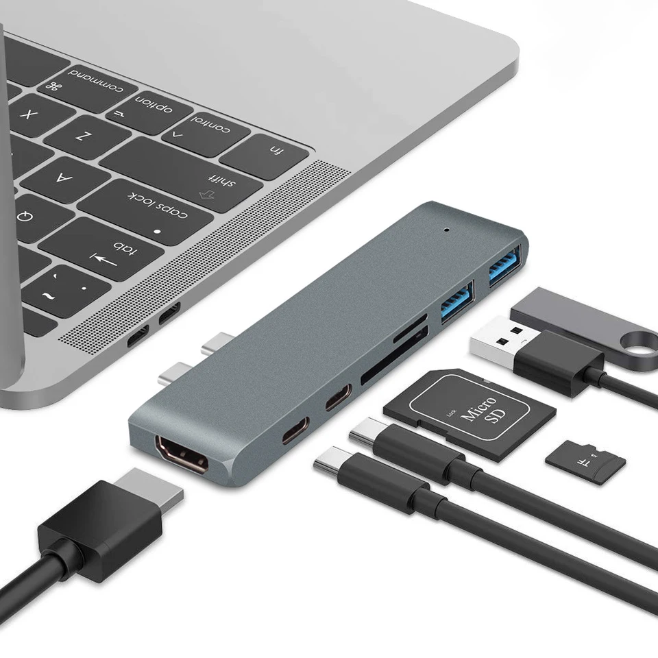 USB C Hub for MacBook, USB-C Hub 8-in-2, 2 HDMI 4K 60Hz, USB C, 2 USB A