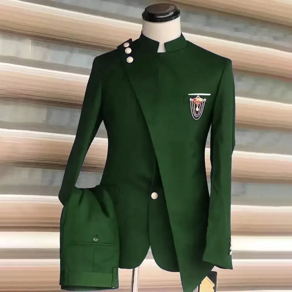 Men Pant Suit Black Fashion Formal Wedding Slim Fit Groom Tuxedos Jacket Chic Stand Collar Business Lrregular Blazer 2 Piece Set